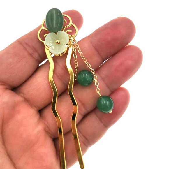 Jade Flower Hair Pins Women Girls Hair Stick Retro Hanfu U Shape Accessories - Picture 7 of 9